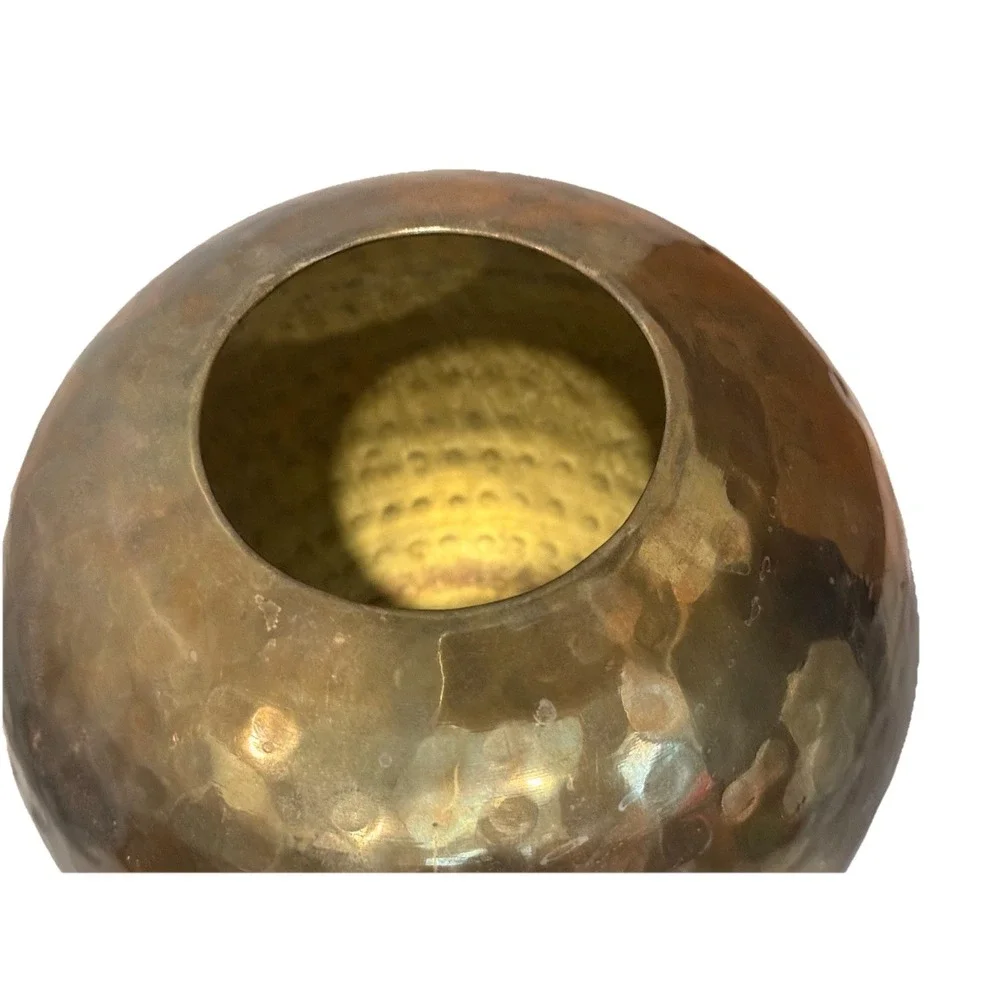 Vintage Hammered‎ Brass Orb Vase 1980s Spherical Globe Flower Planter Patina 6